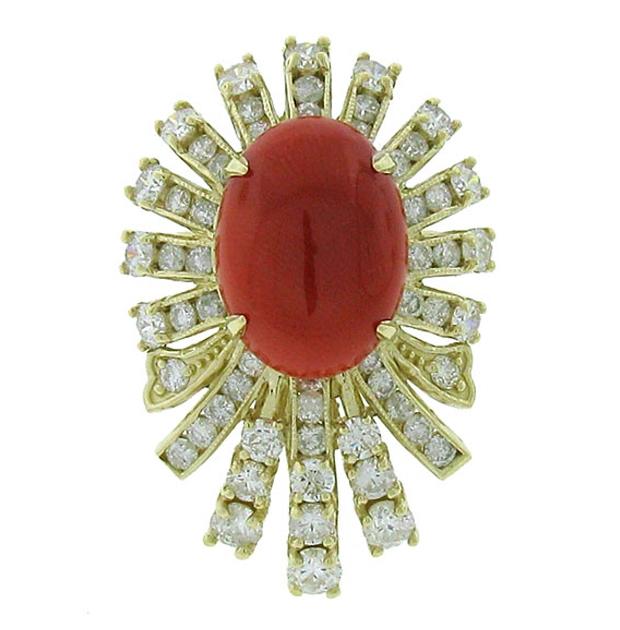 3.04 Ctw Diamond And 5.77 Ctw Italian Coral 14k Yellow Gold Ring