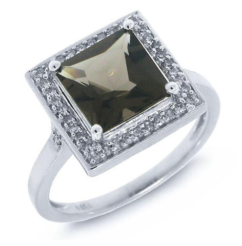 0.20 Ctw Diamond And 2.20 Ctw Smokey Topaz 14k White Gold Ring