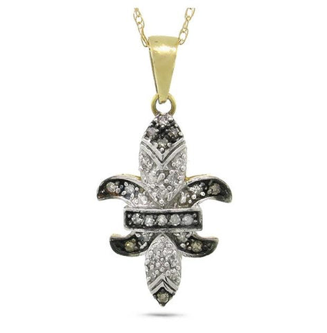 0.16 Ctw 14k Yellow Gold White And Champange Diamond Fleur Pendant Necklace With 18 Inch Chain