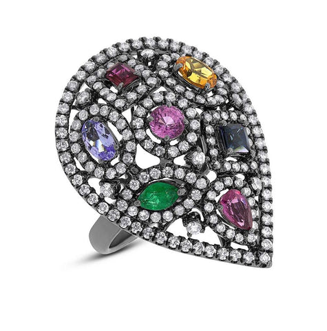 1.48 Ctw Diamond And 1.69 Ctw Multicolor Stone 14k Black Rhodium Ring