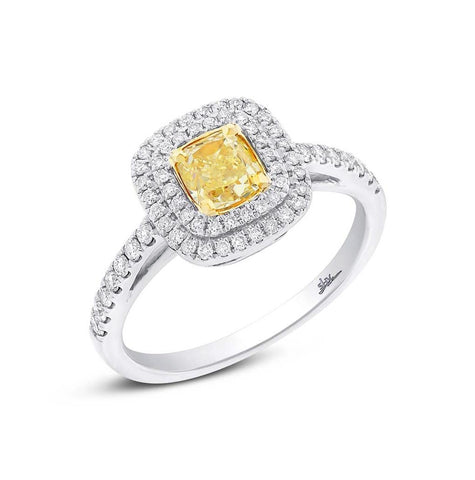 0.72 Ctw Cushion Cut Center And 0.35 Ctw Side 14k Two-tone Gold Natural Yellow Diamond Ring