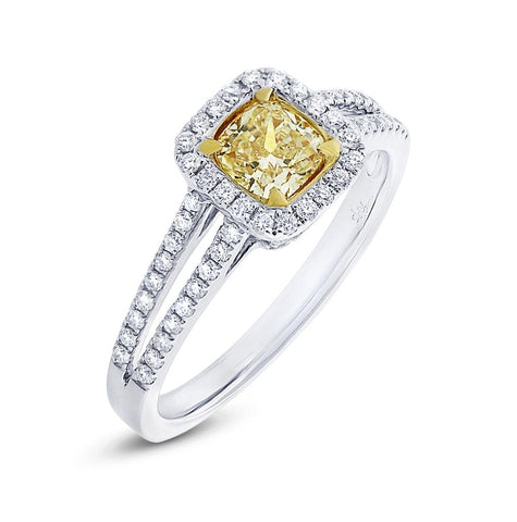 0.59 Ctw Cushion Cut Center And 0.33 Ctw Side 18k Two-tone Gold Natural Yellow Diamond Ring