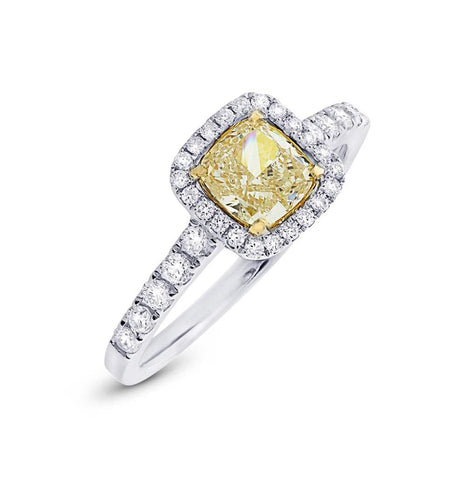 0.95 Ctw Cushion Center And 0.37 Ctw Side 14k Two-tone Gold Natural Yellow Diamond Ring