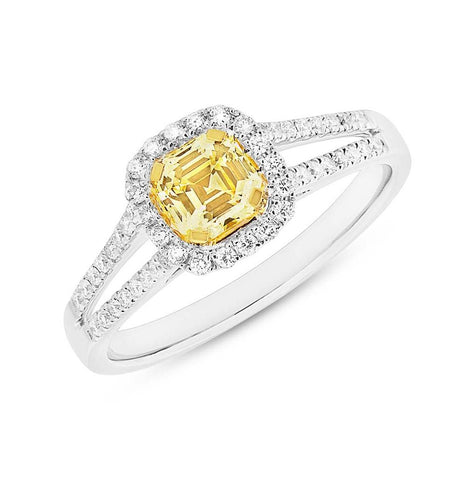 0.63 Ctw Asscher Cut Center And 0.32 Ctw Side 18k Two-tone Gold Natural Yellow Diamond Ring