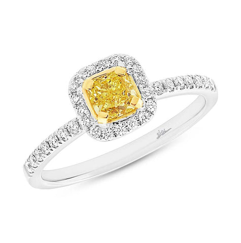 0.58 Ctw Cushion Cut Center And 0.24 Ctw Side 18k Two-tone Gold Natural Yellow Diamond Ring