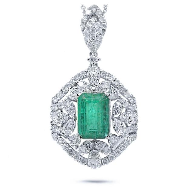 1.98 Ctw Diamond And 2.53 Ctw Emerald 14k White Gold Pendant Necklace With 18 Inch Chain