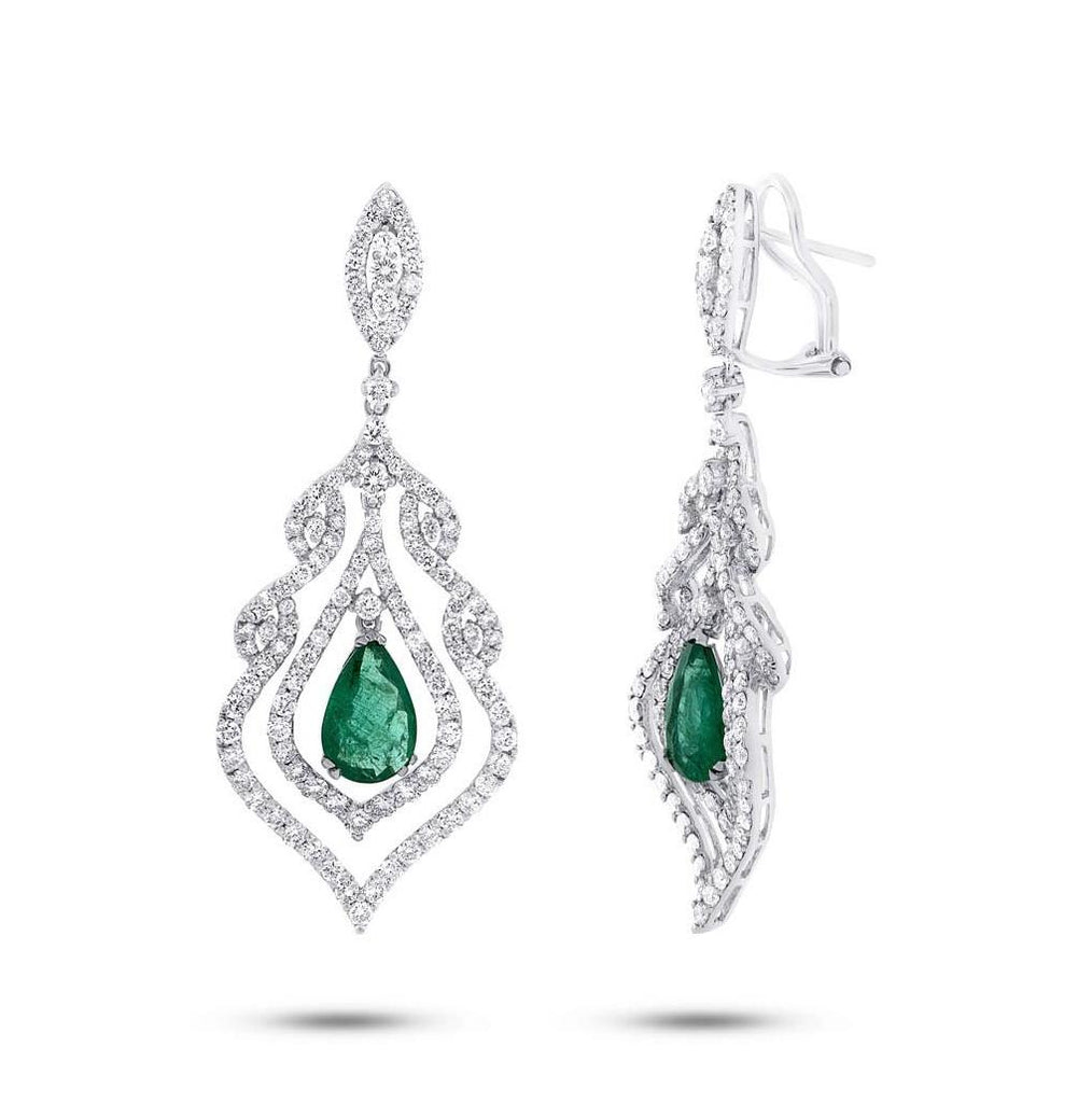 4.21 Ctw Diamond And 2.82 Ctw Emerald 18k White Gold Earring