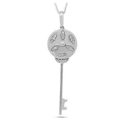 0.10 Ctw 14k White Gold Diamond Key Pendant Necklace With 18 Inch Chain