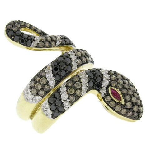 2.70 Ctw 14k Yellow Gold White, Black And Champagne Diamond Snake Ring