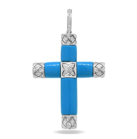 0.19 Ctw 14k White Gold Diamond And Composite Turquoise Cross Pendant Necklace With 18 Inch Chain