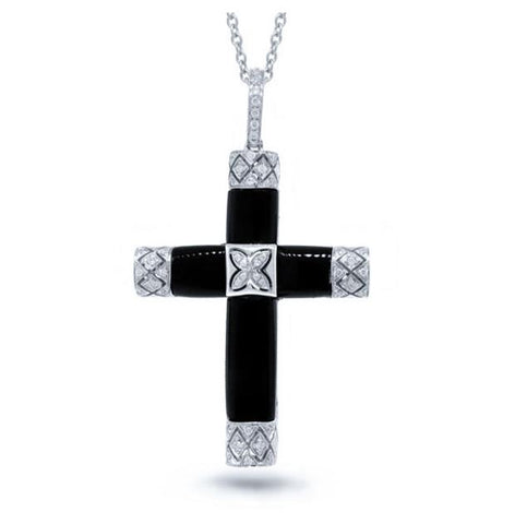 0.19 Ctw 14k White Gold Diamond And Onyx Cross Pendant Necklace With 18 Inch Chain