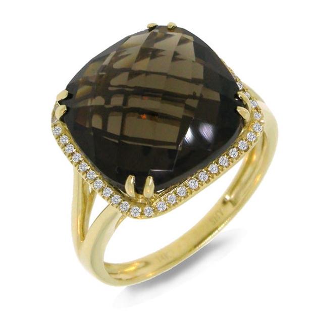 0.12 Ctw Diamond And 8.62 Ctw Smokey Quartz 14k Yellow Gold Ring