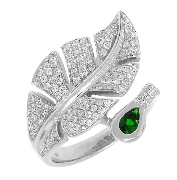 0.85 Ctw Diamond And 0.25 Ctw Created Emerald 14k White Gold Leaf Ring