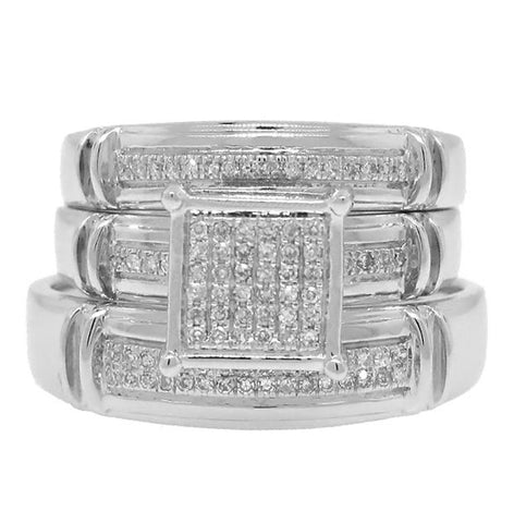 0.22 Ctw 14k White Gold Diamond Trio Wedding Bridal Set  Pave