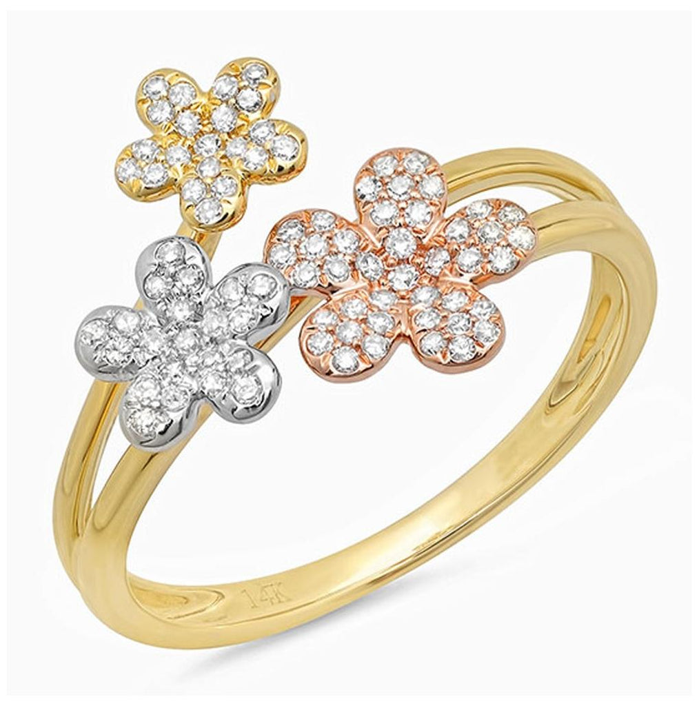 0.22 Ctw 14k Three-tone Gold Diamond Flower Ring