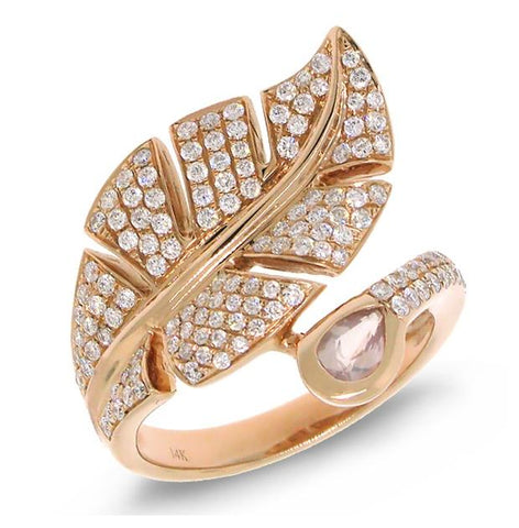 0.84 Ctw Diamond And 0.27 Ctw Rose Quartz 14k Rose Gold Leaf Ring
