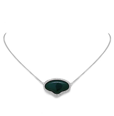 0.34 Ctw Diamond And 11.75 Ctw Green Agate 14k White Gold Necklace