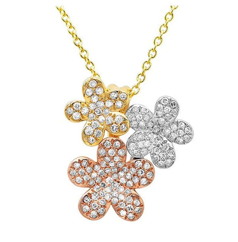 0.32 Ctw 14k Three-tone Gold Diamond Flower Pendant Necklace With 18 Inch Chain