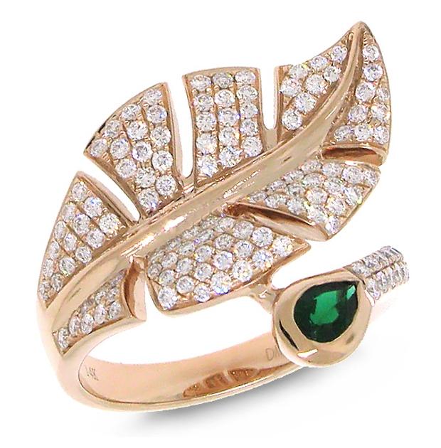 0.85 Ctw Diamond And 0.25 Ctw Green Stone 14k Rose Gold Leaf Ring