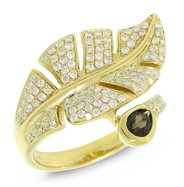 0.84 Ctw Diamond And 0.27 Ctw Smokey Quartz 14k Yellow Gold Leaf Ring