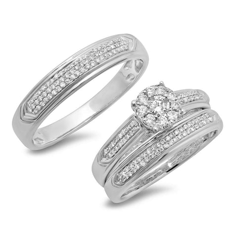 0.59 Ctw 14k White Gold Diamond Trio Wedding Bridal Set