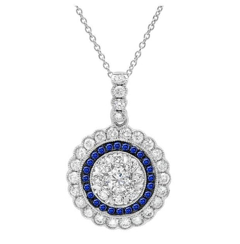 1.08 Ctw Diamond And 0.17 Ctw Blue Sapphire 14k White Gold Pendant Necklace With 18 Inch Chain