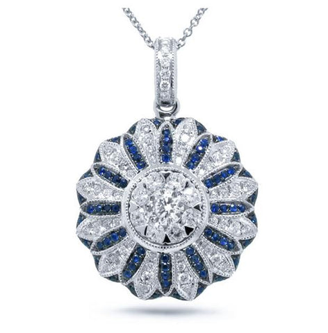 0.81 Ctw Diamond And 0.26 Ctw Blue Sapphire 14k White Gold Pendant Necklace With 18 Inch Chain