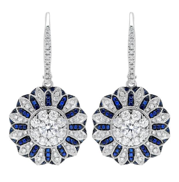 1.48 Ctw Diamond And 0.43 Ctw Blue Sapphire 14k White Gold Earring