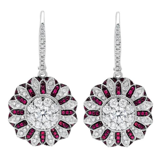 1.48 Ctw Diamond And 0.29 Ctw Ruby 14k White Gold Earring