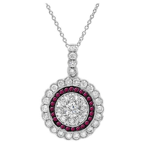 1.08 Ctw Diamond And 0.22 Ctw Ruby 14k White Gold Pendant Necklace With 18 Inch Chain