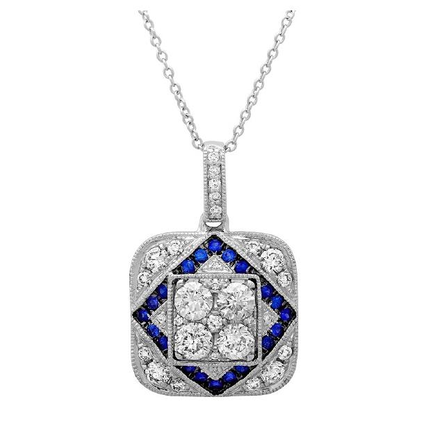 0.93 Ctw Diamond And 0.18 Ctw Blue Sapphire 14k White Gold Pendant Necklace With 18 Inch Chain