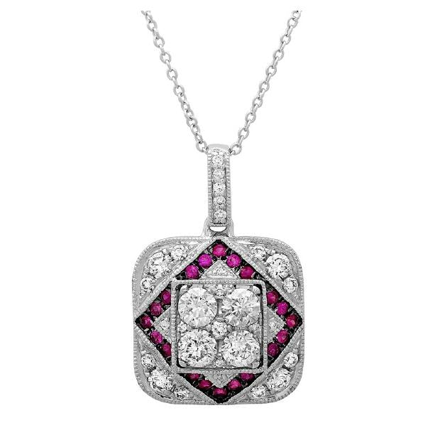 0.93 Ctw Diamond And 0.21 Ctw Ruby 14k White Gold Pendant Necklace With 18 Inch Chain