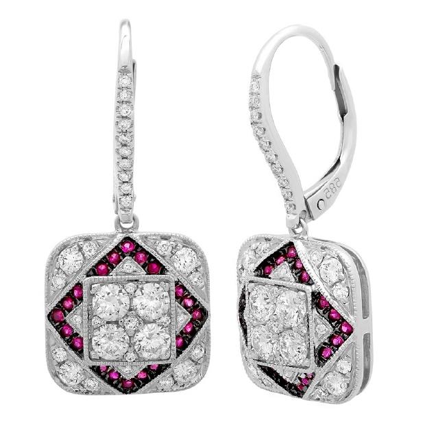 1.11 Ctw Diamond And 0.22 Ctw Ruby 14k White Gold Earring