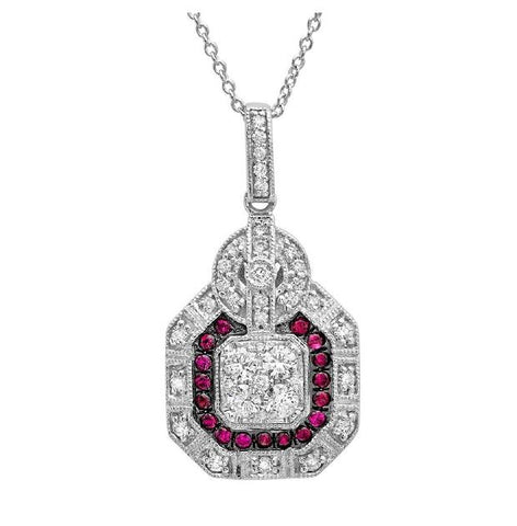 0.48 Ctw Diamond And 0.21 Ctw Ruby 14k White Gold Pendant Necklace With 18 Inch Chain