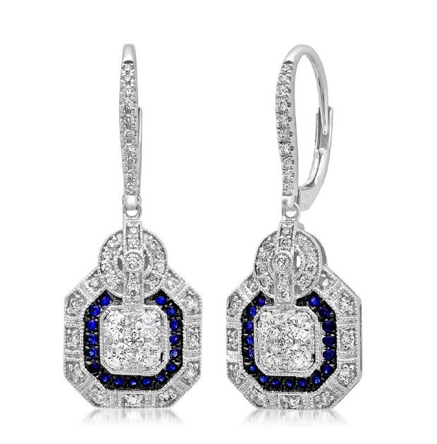 0.72 Ctw Diamond And 0.22 Ctw Blue Sapphire 14k White Gold Earring