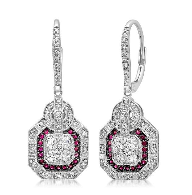 0.72 Ctw Diamond And 0.19 Ctw Ruby 14k White Gold Earring