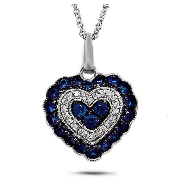 0.07 Ctw Diamond And 0.60 Ctw Blue Sapphire 14k White Gold Heart Pendant Necklace With 18 Inch Chain