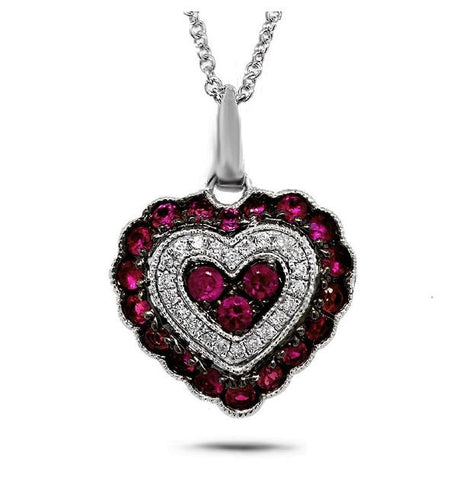 0.07 Ctw Diamond And 0.59 Ctw Ruby 14k White Gold Heart Pendant Necklace With 18 Inch Chain