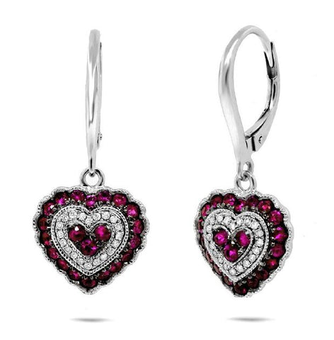 0.13 Ctw Diamond And 0.93 Ctw Ruby 14k White Gold Heart Earring