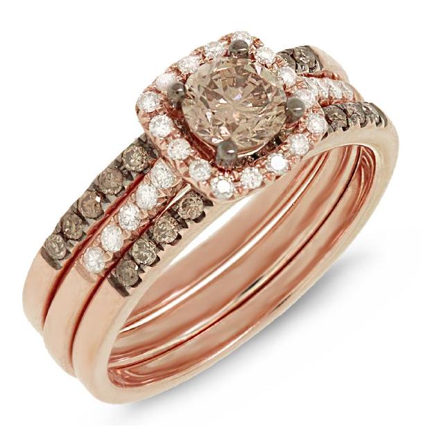 1.00 Ctw 14k Rose Gold Round Brilliant Champagne Diamond Ring 3-pc