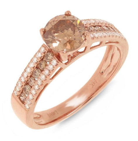 1.05 Ctw Round Brilliant Center And 0.35 Ctw Side 14k Rose Gold Champagne Diamond Engagement Ring