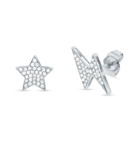 0.16 Ctw 14k White Gold Diamond Star And Lightening Earring