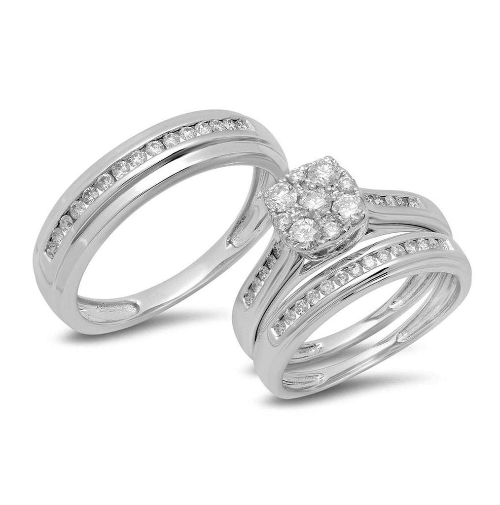 0.92 Ctw 14k White Gold Diamond Trio Wedding Bridal Set  Cluster