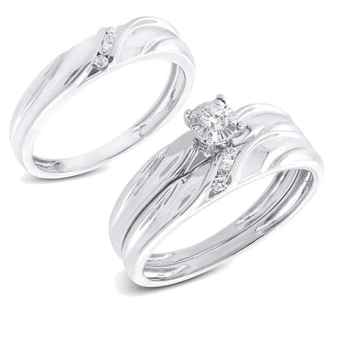 0.19 Ctw 14k White Gold Diamond Trio Wedding Bridal Set