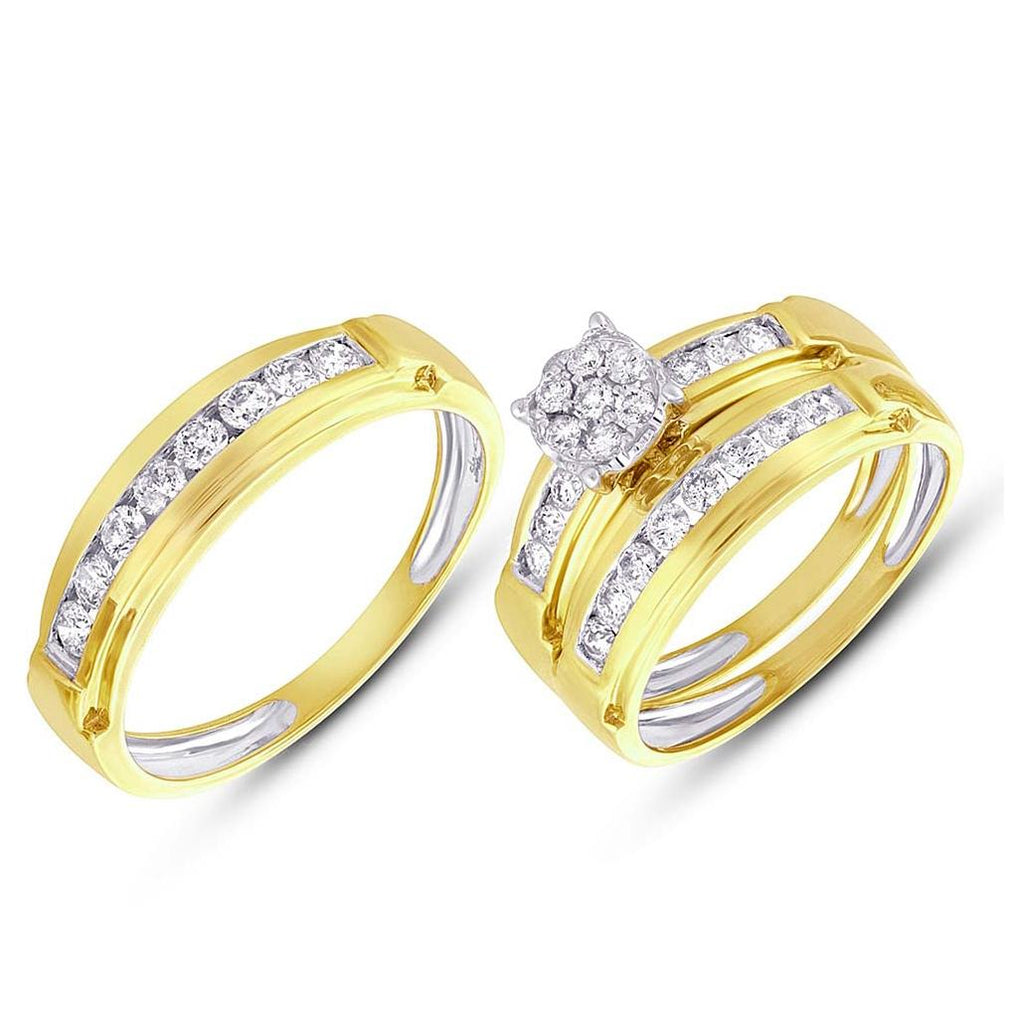 0.96 Ctw 14k Yellow Gold Diamond Trio Wedding Bridal Set  Cluster