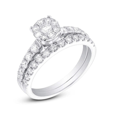 1.03 Ctw 18k White Gold Diamond Cluster Wedding Set