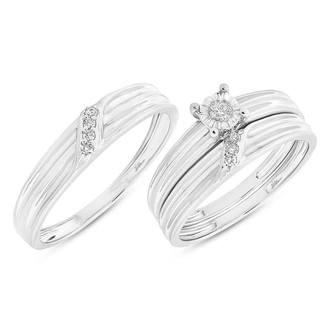 0.12 Ctw14k White Gold Diamond Trio Wedding Bridal Set