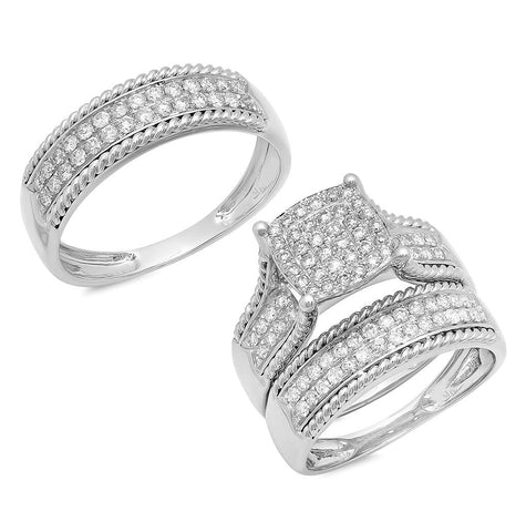 1.06 Ctw 14k White Gold Diamond Trio Wedding Bridal Set