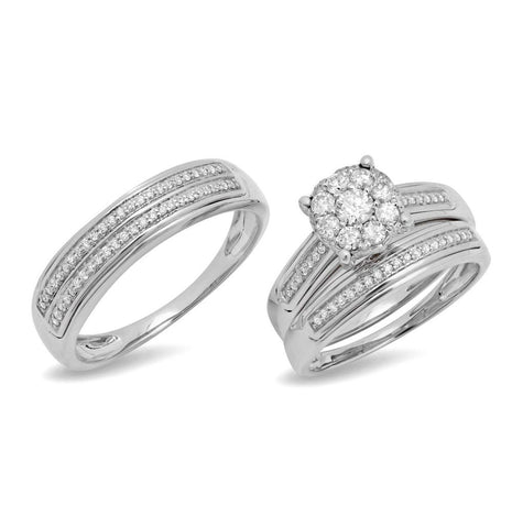 0.78 Ctw 14k White Gold Diamond Trio Wedding Bridal Set  Cluster