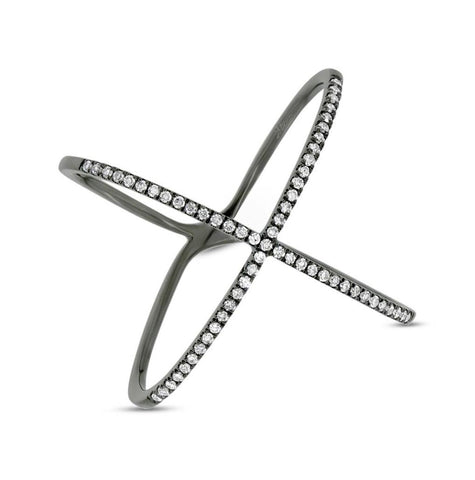 0.18 Ctw 14k Black Rhodium Gold Diamond Womens "x" Ring Size 6.5